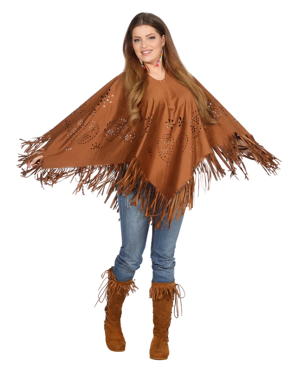 DE Halloween Sales Shop -KostümKönig Verkäufe hippie poncho mit fransen 60er jahre kostuem flower power costume 36700